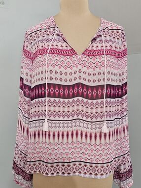 New Decree Wild West Pink Aztec Boho Peasant Blouse‎ Tassel Tie Long Sleeve L